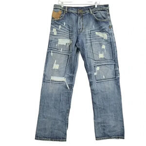 Akoo Men's Distressed Blue Jeans With Brown Leather Accent 36x34  29PT